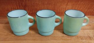 Set Of 3 Vintage Fire King C Handle Green Mugs/cups With Black Trim