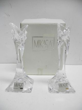 Vintage Mikasa Slovenia Deco Lead Crystal Candleholders Pair Xy 142/337 Box