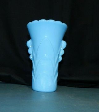 Blue Milk Glass Art Deco Style Vase W Arches & Tab Handles Scalloped Edge 5.  5 " L