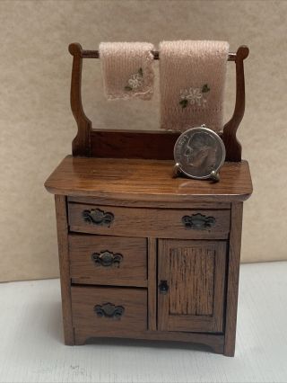 Vintage Artisan Signed Wooden Bathroom Dry Sink Vanity Dollhouse Miniature 1:12