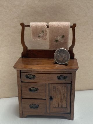 Vintage Artisan Signed Wooden Bathroom Dry Sink Vanity Dollhouse Miniature 1:12 2