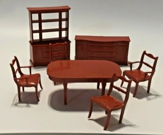 Vintage Louis Marx Dollhouse Dining Room Furniture Set Table Chairs Hutch Buffet