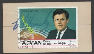 Us Senator Ted Kennedy Autograph On His Trucial States Ajman Airmail Stamp