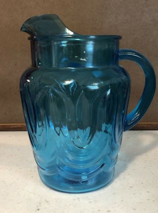 Vintage Anchor Hocking Blue Glass Colonial Tulip Ice Lip Pitcher 9 - 1/2” Tall