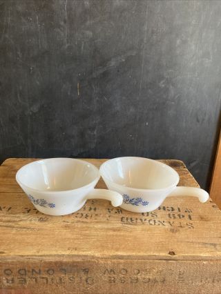 Vintage Fire King Cornflower White & Blue Milk Glass Soup Bowl With Stick Handle