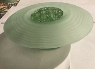 Vintage Bagley Elf Pattern Frosted Green Glass Posy Bowl Vase With Insert