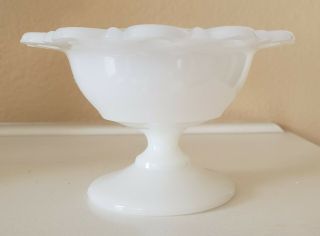 Vintage White Milk Glass Pedestal Candy Dish Compote Bowl Open Lace Edge