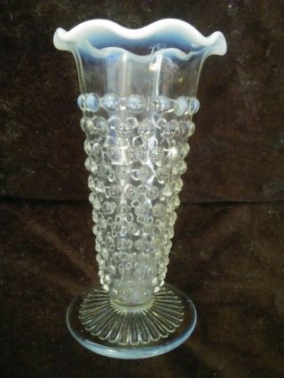 Vintage Fenton Hobnail Vase 5 1/2 " Ruffled Edge Clear Glass White Opalescent Rim