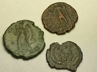 Ancient Auth.  3 Roman Coins; 307 - 361 Ad; Victory,  Wreath & Emperor Globe
