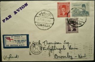 EGYPT 26 FEB 1942 CENSORED AIRMAIL COVER W/ LABELS FROM ISMAILIA TO KENT,  UK 2