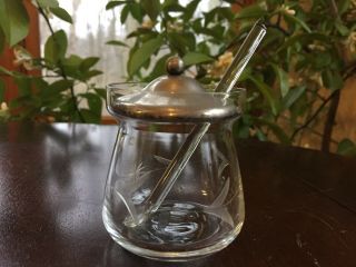 Vintage Clear Etched Crystal Glass Jelly Jam Condiment Jar With Crystal Spoon