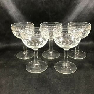 Set Of 5 Vintage Clear Glass Pedestal Etched Miniature Wine Glasses