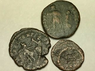 Ancient Auth.  3 Roman Coins; 307 - 361 Ad; Spearing,  Wreath & Emperor Crowned