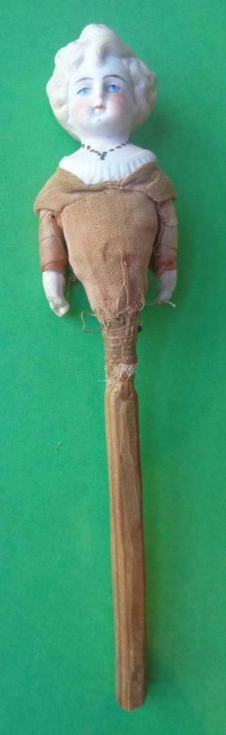 Antique German Parian China Head Marionette Doll On Wooden Stick Germany 3