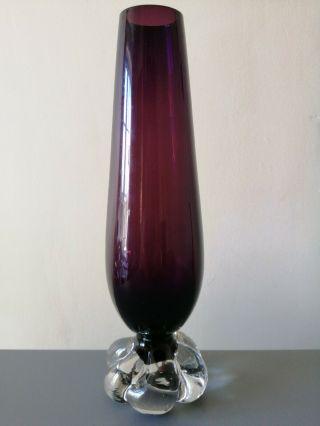 Vintage Deep Purple Burgundy Maroon Art Glass Stem Bud Vase Chunky Base - 8 "