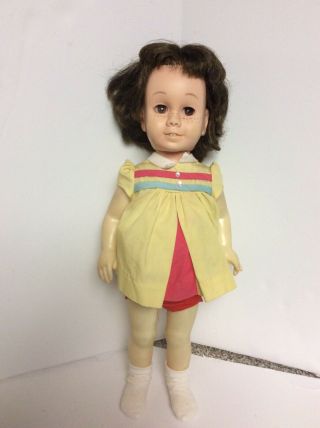 Vintage Chatty Cathy Doll Brunette Brown Eyes Soft Face,  Nursery School Dress