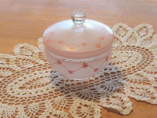 Vintage Hand Painted Bohemia Cut Glass Powder Jar With Lid Pink Flower Design