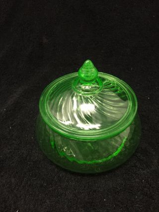 Green Depression Glass Twisted Optic Candy Dish With Chips On Lid
