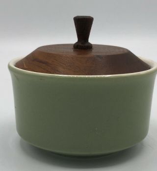 Mid Century Modern Ceramic Sugar Bowl With Wooden Lid Green Creamer