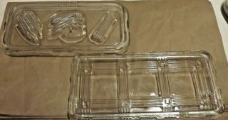 (2) Vintage Clear Glass Refrigerator Dish Lids 8 1/2 " Long,  Ribbed And Fruit
