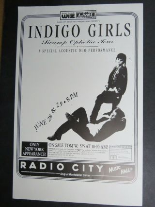 Indigo Girls Concert Poster:radio City,  Music Hall Swamp Ophelia Tour