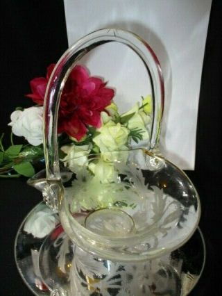 Tiffin ? Elegant Etched Hibiscus Sprays Art Glass Handled Candy Basket Dish Vase