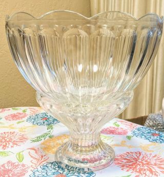 Vintage Scalloped - Edge Glass Punch Bowl With Pedestal And 12 Cups And Ladle
