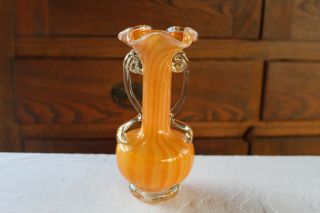 Vintage Hand Blown Orange & White Swirl Striped Glass Bud Vase