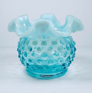 Fenton Glass Hobnail Blue Ruffled Top Ball Vase