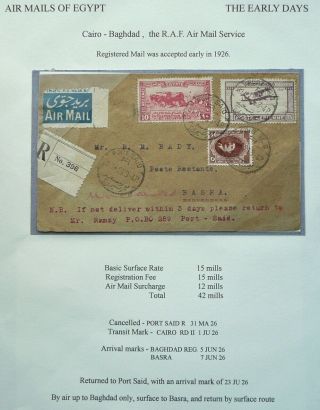Egypt 31 Mar 1926 Reg.  R.  A.  F Airmail Service Cover From Port Said To Basra,  Iraq