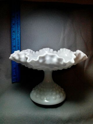 Vintage " White Milk Glass Hobnail Pedestal Compote Dish " W/ruffled Rim