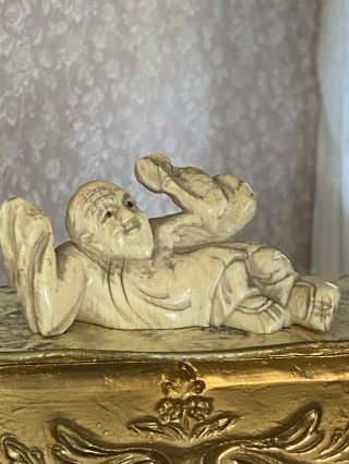 Vintage Miniature Dollhouse 1:12 Hand Carved Bone Laughing Buddha Japan 1950s