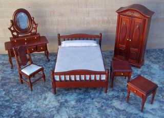 Dollhouse Miniature Bedroom Set In Mahogany Dresser Mirror 6 Piece Set Table