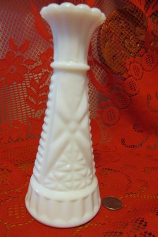 Vintage Small White Milk Glass Bud Vase - 6 " Classic Diamond Starburst Scalloped