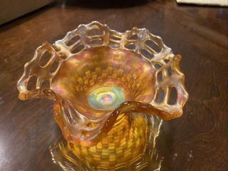 Fenton Marigold Carnival Glass Open Lace Edge Basket Weave Bowl