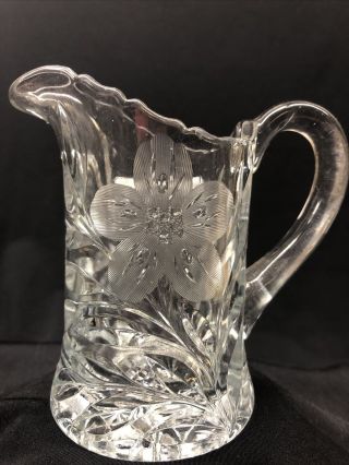 Vintage Heavy Pressed Clear Glass Creamer/pitcher Etched Flowers Applied Handle