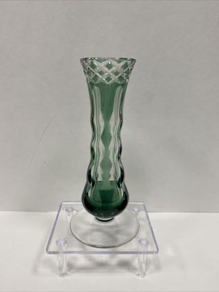 Vintage Signed Val St Lambert Emerald Green Cut To Clear Glass Vase 6 7/8” Tall