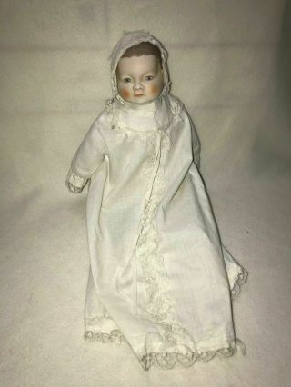 Vintage Porcelain Baby Doll White Dress And Bonnet