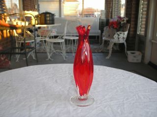 Murano Italian Art Glass Small Bud Vase Red With Crystal Base With 3 Prong Top