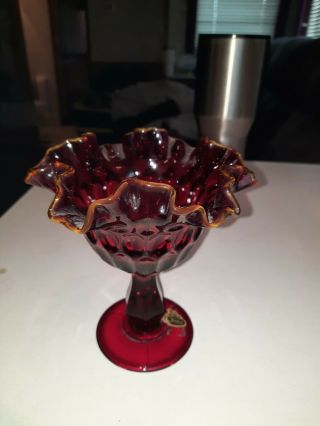 Vintage Fenton Glassware Amberina Ruby Glass Thumbprint Compote W/ Ruffled.