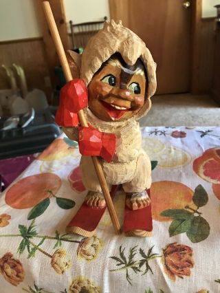 Vintage Henning Wood Carved 7 1/2” Figurine Norway Gnome Troll Red Skis