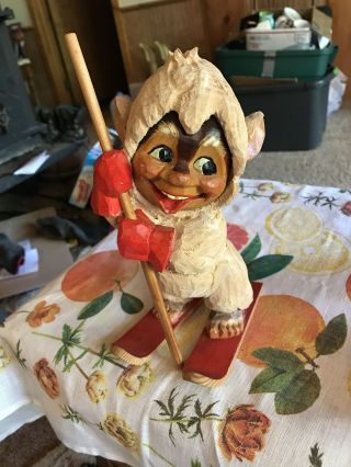 Vintage HENNING WOOD Carved 7 1/2” Figurine Norway Gnome Troll Red Skis 3