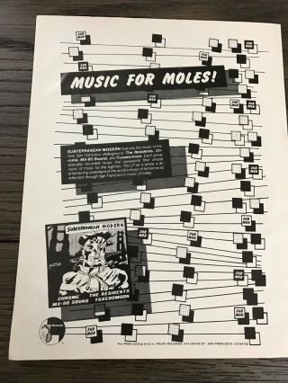 1979 Vintage 8x11 Promo Ad Music For Moles Subterranean Modern Chrome,  Residents