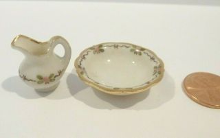 Jo Parker Dollhouse Miniature Porcelain Pitcher & Bowl Set Floral Design