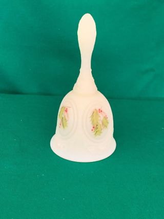Fenton Satin Custard Glass Bell Hand Painted Yellow Green Red Signed Ai