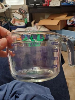 Vintage Pyrex 4 Cup Blue Lettering Measuring Cup Mixing Bowl Open Handle -