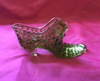 Vintage Fenton Art Glass Avocado Olive Green Hobnail Cat Head 6 " Shoe Slipper