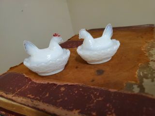 Vintage Miniature Milk Glass Hen On Nests - Two Translucent 2 1/2 "