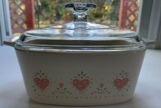 Vtg Corning Ware Forever Yours 1.  5 Liter Casserole: A - 1 1/2 - B Cream/pink W/lid