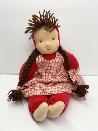 Kathe Kruse Waldorf Doll Germany With Red Dress Brown Hair